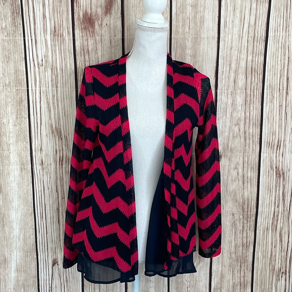 Button’s Zig Zag Navy & Pink Knit Cardigan w/ Sheer Navy Layer Size Medium NWT